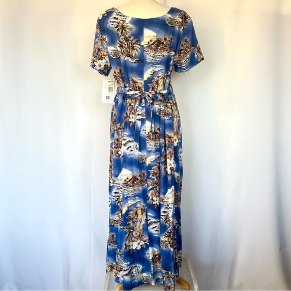 HILO HATTIE VTG NEW! BLUE HAWAII EMPIRE TIE-BACK MIDI SHORT SLEEVE DRESS SzL - Picture 3 of 14